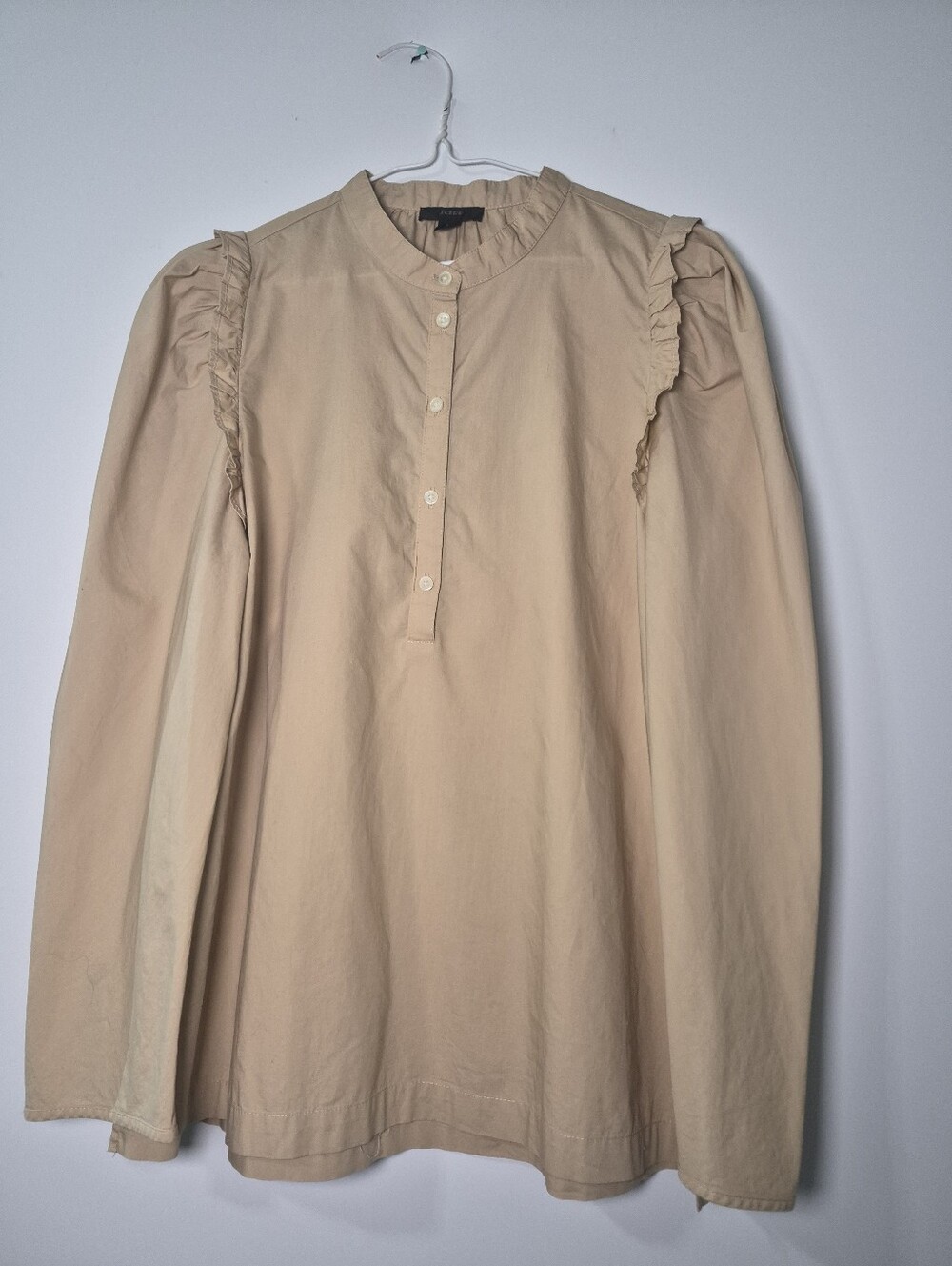 J.Crew Re-Imagined Ruffle Shoulder Banded Collar Blouse M Tan Beige